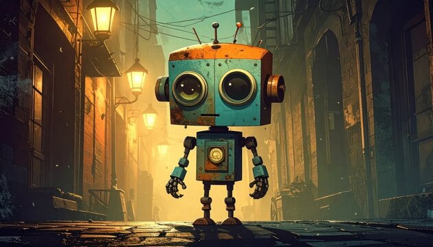 Antique teal robot standing under glowing street lanterns