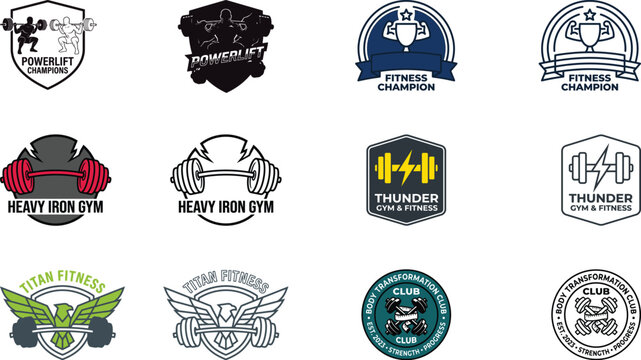 Set of gym fitness and powerlifting club badge logo designs with barbells and weights