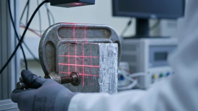 RD engineer laser alignment of metal clamp and laboratory calibration with gloved hand for quality control and precision inspection