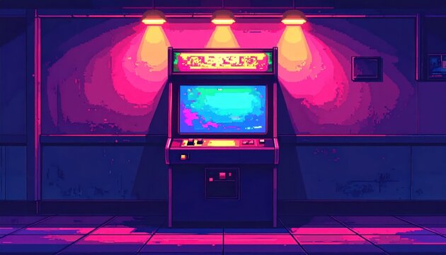 Arcade game machine under three pink spotlights.