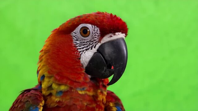 Close up of a scarlet macaw parrot looking around on a green screen
