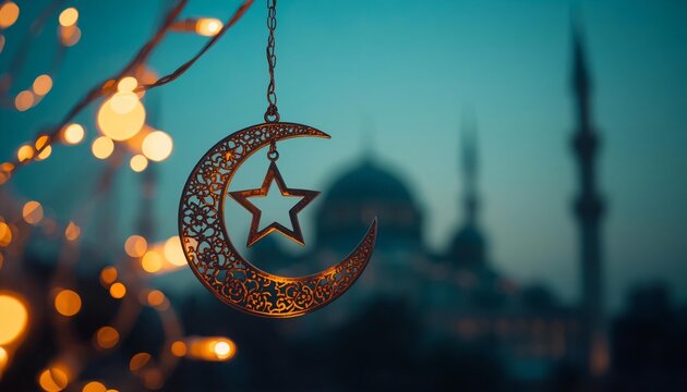 Festive eid milad un nabi celebration in india with a glowing crescent moon and star ornament against a mosque mawlid maulid