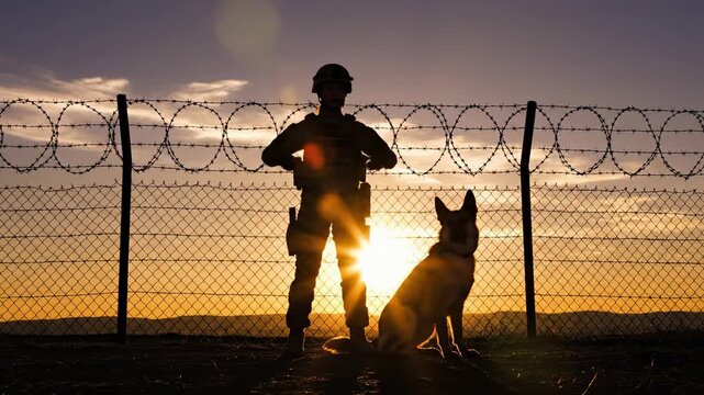 Soldier and working dog silhouette at sunset