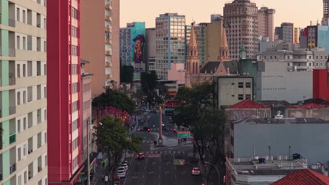 Sunset glow reflecting on the skyline of Curitiba Parana, Parana, Brazil