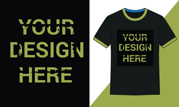 Mockup of t-shirt design showing typography placement with grunge effect on black garment.