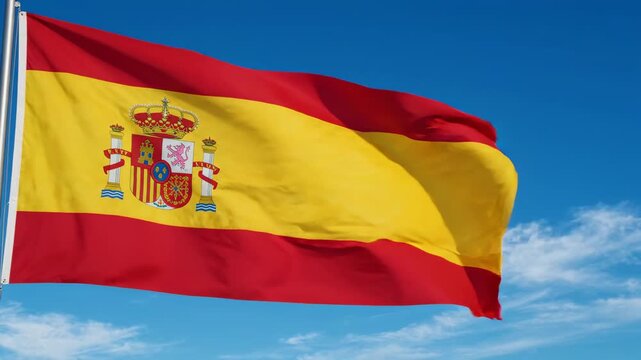 Spanish flag waving against blue sky