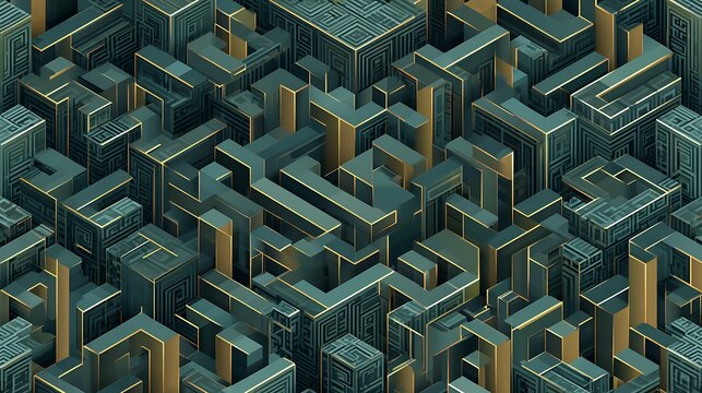 An intricate 3D isometric maze pattern in teal and gold. Ideal for abstract technology and complex structural design.