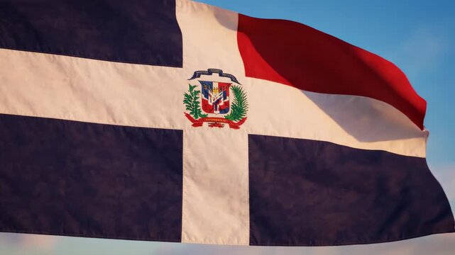 Dominican Republic flag waving against blue sky