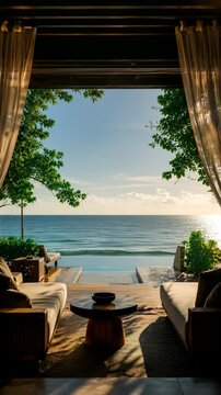 Shaded terrace beside infinity pool facing calm ocean horizon at golden hour, symmetrical eye-level view with sheer curtains framing luxury resort relaxation, with terrace, ocean, infinity, pool