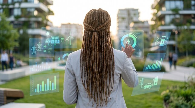 Business woman interacting with futuristic holographic interface, smart city energy management, renewable power grid data analysis, sustainable technology, solar and wind energy