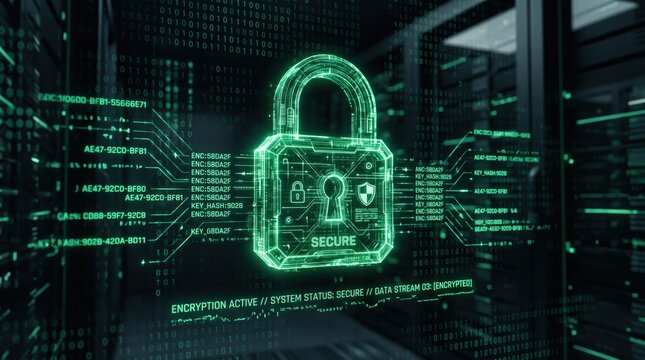 Digital padlock icon with binary code representing cyber security, data encryption, network protection and privacy safetys for secure information technology systems and firewall