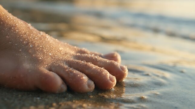 Close-up of a childs foot on a sandy beach with water washing over it at sunset.