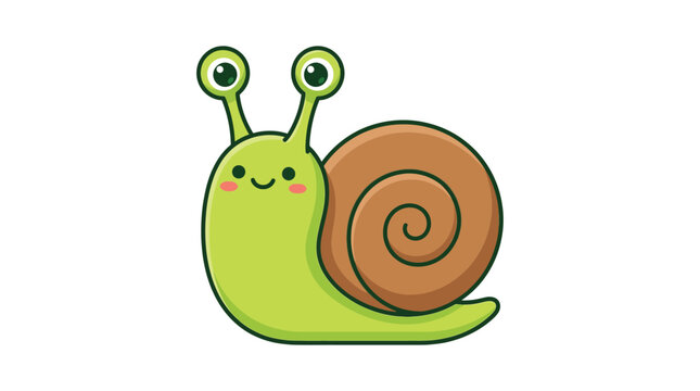 A cute bright green cartoon snail character with a brown spiral shell and big eyes in simple vector art style