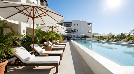 Fototapeta premium Lush tropical resort poolside with lounge chairs with pool area lounge chairs umbrellas sunny pool architecture relaxation