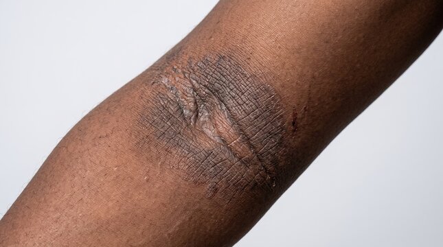 Close Up of Lichenification and Thickened Skin Lesion on Dark Skin Elbow