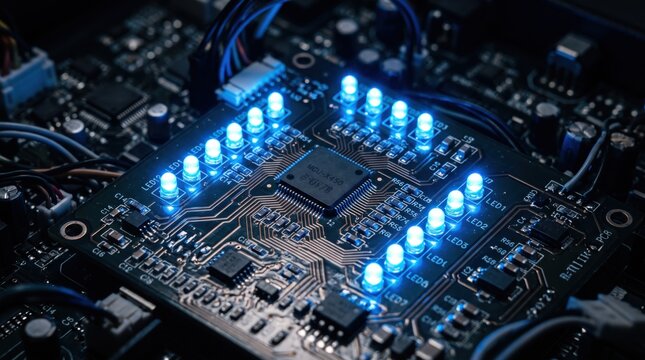 Close-up of electronic circuit board with glowing blue LEDs and microchip, detailed computer hardware component, representing advanced engineering, motherboard technology