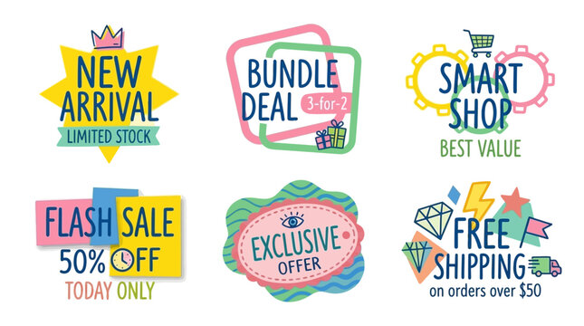 Collection of colorful vector badges and promotional labels featuring creative designs for online shopping sales and retail marketing campaigns