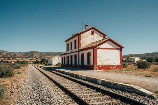 Old abandoned train station in rural southern Spain with red trim and weathered facade. Train tracks lead towards distant hills under a clear blue sky. A relic of past transport.