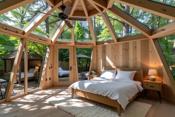 Fototapeta premium Wooden dome bedroom with glass panels and ceiling fan