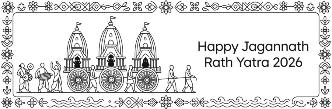 Happy Jagannath Rath Yatra 2026 Celebration Banner with Chariots and People in Line Art Style