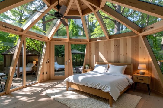 Wooden dome bedroom with glass panels and ceiling fan