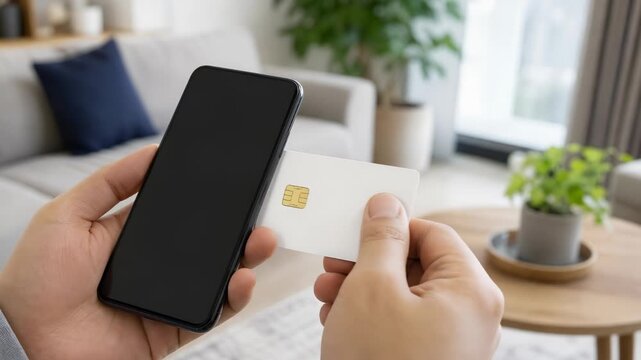 Secure contactless payment smartphone nfc card mobile banking digital wallet hand holding smartphone card payment technology wireless connection home