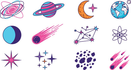 Neon Retro Space Vector Set with Cyberpunk Planets, Earth, Saturn, Moon, Falling Meteors, Constellations, and Sparkly Stars for Y2K Graphic Design Elements © MdJalal