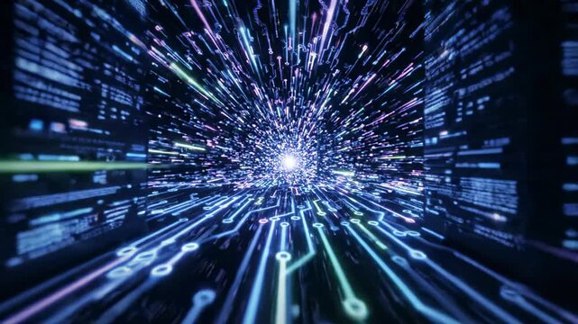 Traveling through glowing digital data stream