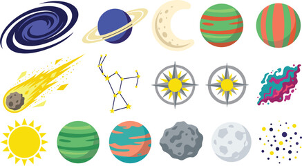 Colorful Cartoon Solar System Space Vector Set with Planets, Sun, Moon, Meteorite, Constellation, Nebula, and Galaxy for Kids Education Graphic Design © MdJalal