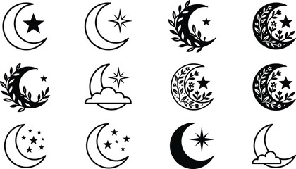 Mystical Crescent Moon and Star Vector Set with Floral Branches, Botanical Leaves, Clouds, and Celestial Symbols for Esoteric Magic Design Elements © MdJalal