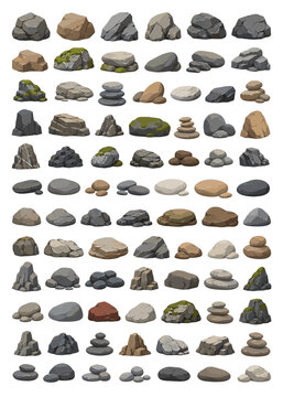Rocks and stones vector illustration set with boulders, pebbles, mossy stones, stacked zen rocks, mineral elements, and geological design