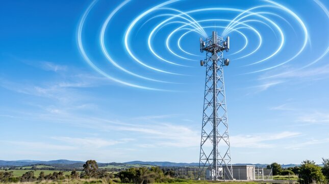 Telecommunication tower emitting wireless signal waves into blue sky, mobile network infrastructure and internet connectivity in rural countryside landscape with green fields