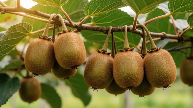 Ripe kiwi fruits hang from tree branch in organic garden. Brown fuzzy hairy skins contrast with green leaves. Tropical food grows on vine plants at farm field. Juicy harvest produces healthy sweet