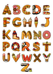 Naklejka premium Alphabet letters made of fast food and sweets vector illustration set with food font, burgers, pizza, sushi, donuts, and dessert elements