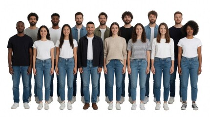 Obraz premium Large group of young diverse men, women stand together. Multiethnic people wear blue denim jeans with casual tops. Full length portrait of international team in row against plain white background.