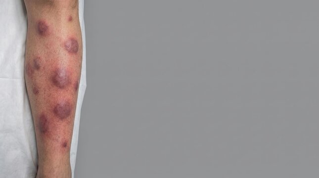 Macro view of erythema nodosum red inflammatory nodules on lower leg
