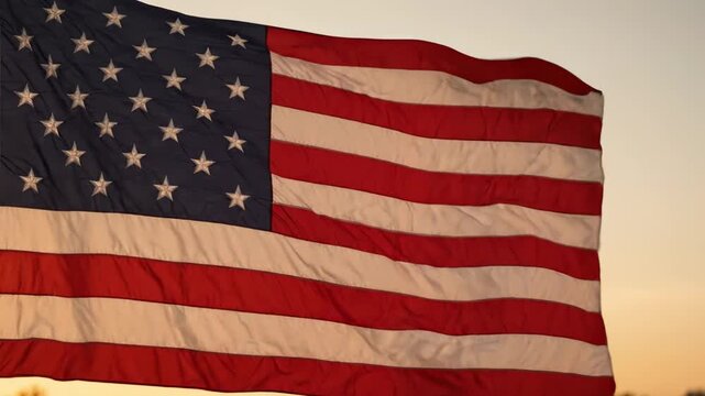 American flag waving against sunset sky
