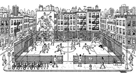 Panoramic Street Soccer Cityscape Black White Hand Drawn Vector Illustration © MdAbdus