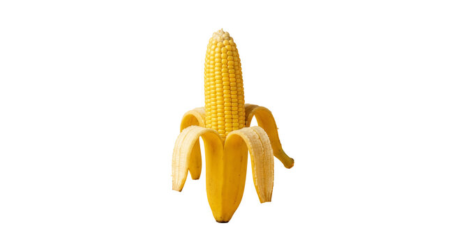 Cereal plant and fruit mashup showing yellow corn cob on banana png background