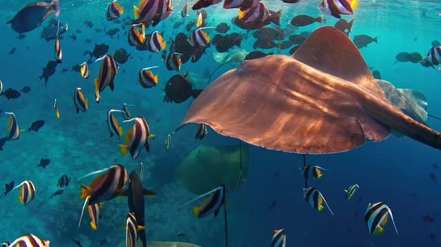 Stingrays and bannerfish swimming together in crystal clear blue ocean