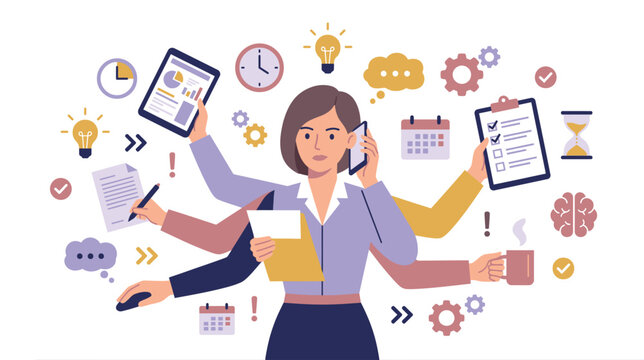 Multitasking businesswoman juggling tasks and ideas in a busy office environment.