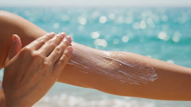 Woman applying sunscreen to arm at beach