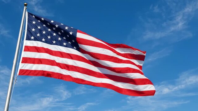 American flag waving in blue sky