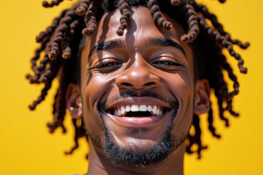 Sunshine highlights joyful smile against bright yellow background