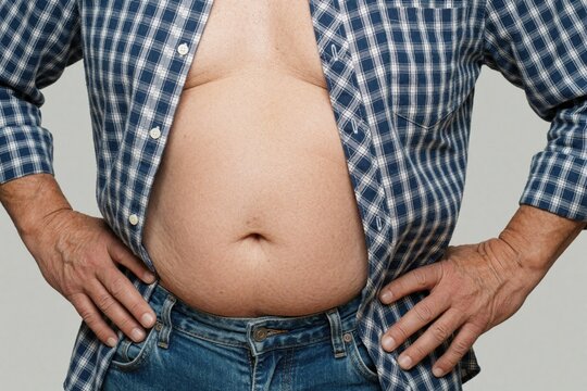 Overweight man shows large belly in unbuttoned blue plaid shirt. Guy stands with hands on hips wearing denim jeans. Bare skin stomach weight gain problem. Unhealthy lifestyle, obesity concept for