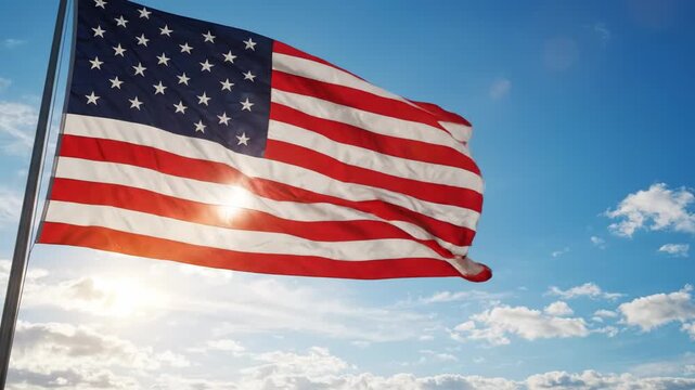 American flag waving in sunny blue sky