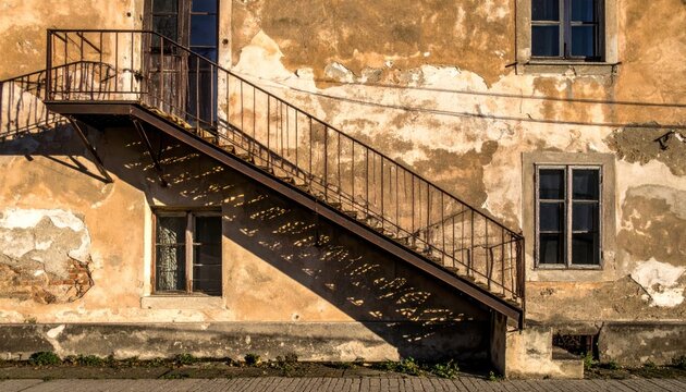 Dilapidated Building Exterior with Rusty Metal Staircase and Peeling Plaster Walls