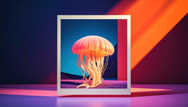 Instant photo frame showing pink jellyfish on blue background.