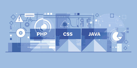 Programming language illustration with php css and java labels © Bijoy
