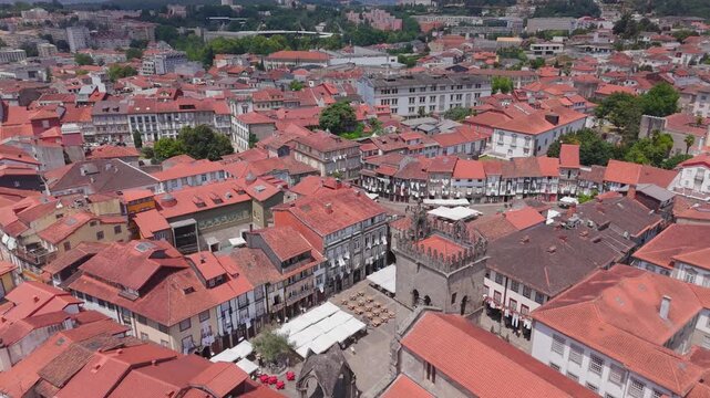 Aerial View of Historic center with Red Roofs, Guimaraes, Portugal